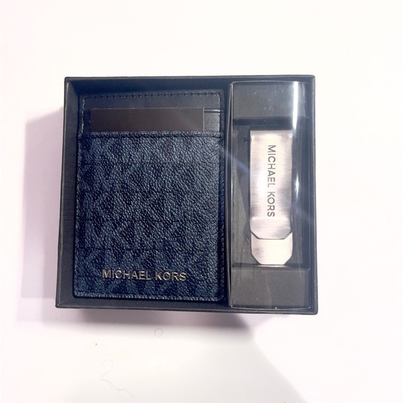 MICHAEL KORS Dark Blue Coated Canvas Monogram Card Case with Bill Clip - Picture 3 of 6